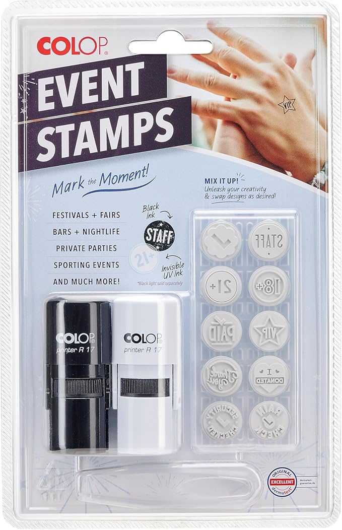 COLOP Printer R17 Event Hand Stamp Set with UV Ink, Special Event Supplies, Multiple Designs, Self-Inking, 10 Designs, 2 Stamps, Perfect for Festivals, Concerts, Bars
