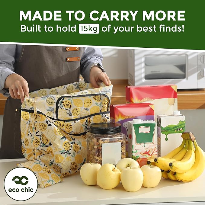ECO CHIC Foldable Reusable Large Grocery Bags - Foldable Grocery Bags - Lightweight, Recycled & Reusable Shopping Bag - Waterproof, Packable Tote Fitting in Fine Grocery Bag Carrier
