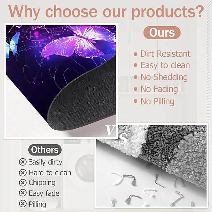 Diatomaceous Earth Bath Mat,Flying Butterflies Bath Rugs,Glowing Stars Non-Slip Thin Absorbent Fast Drying Easy to Clean for Bathroom Laundry Home Kitchen Door Mat 17x29.5Inch