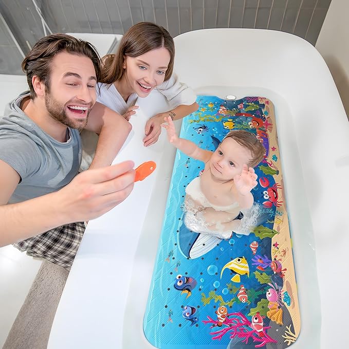 XIYUNTE Baby Bath Mat for Tub Non Slip Kids Bath Mat - 40''x16'' Extra Long Cartoon Whale Baby Bath Tub Mat Eco-Friendly Toddler Bath Mats with Suction Cups & Drain Holes, Easy to Clean & Easy Drying