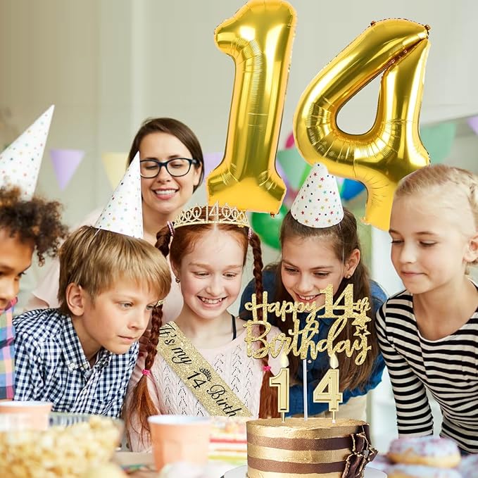 14th Birthday Decorations for Girls Gold with 14th Birthday Sash and Tiara, Candles and Cake Toppers, Number Balloon, 14 Year Old Gifts for Girls