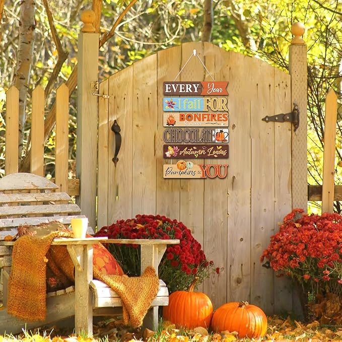 CHDITB Fall Themed Wooden Sign, Autumn Leaves Wooden Hanging Plaque, Pumpkin Bonfire Fall Front Door Hanger, Chocolate S'Mores Autumn Wall Sign Art Hanger for Halloween, Thanksgiving Party Wall Decor