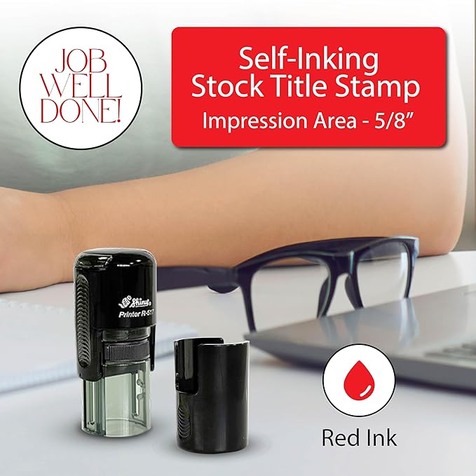 Shiny Job Well Done Teacher Stamp, Round Self Inking Stamp for Classroom, Red Ink