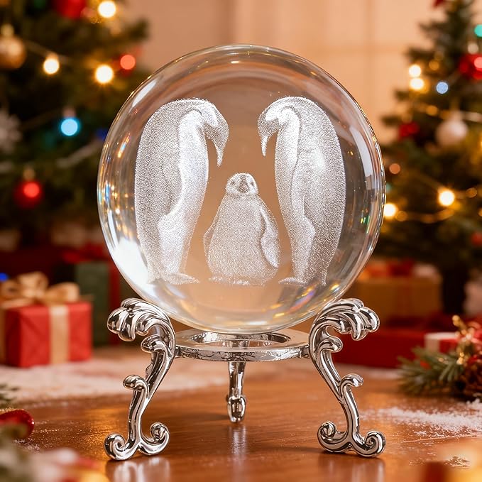 ZEERSHEE 60mm Crystal Penguins Decorative Balls 3D Laser Engraved The Penguin Family Paperweight with Stand