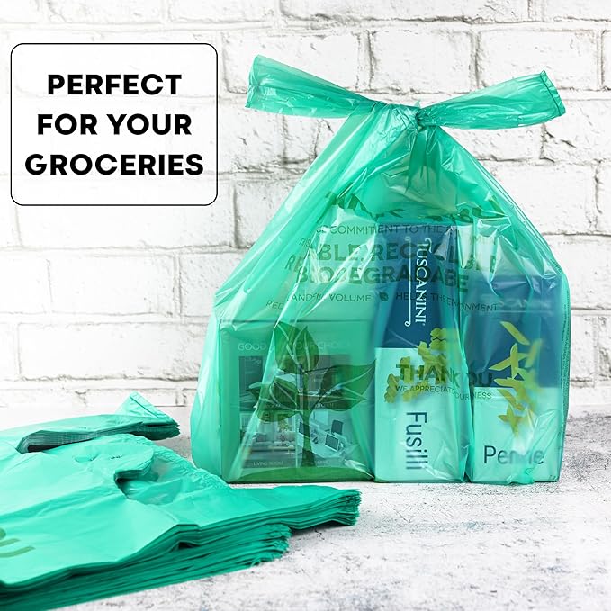 KitchenDine Eco Green Plastic Bags - 500 Count Biodegradable Shopping -Thank You - 22" x 12" Carry Out Bags. (500)