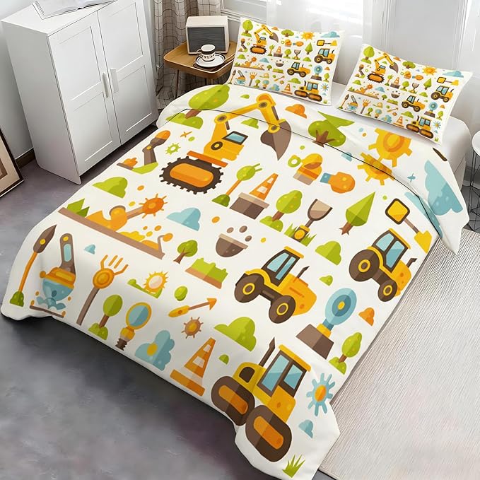 Cartoon Construction Vehicles Bedding Set Full Size Excavator Bulldozer Duvet Cover Colorful Engineering Comforter Cover Kids Construction-Themed Bedding Set Soft Microfiber for Bedroom