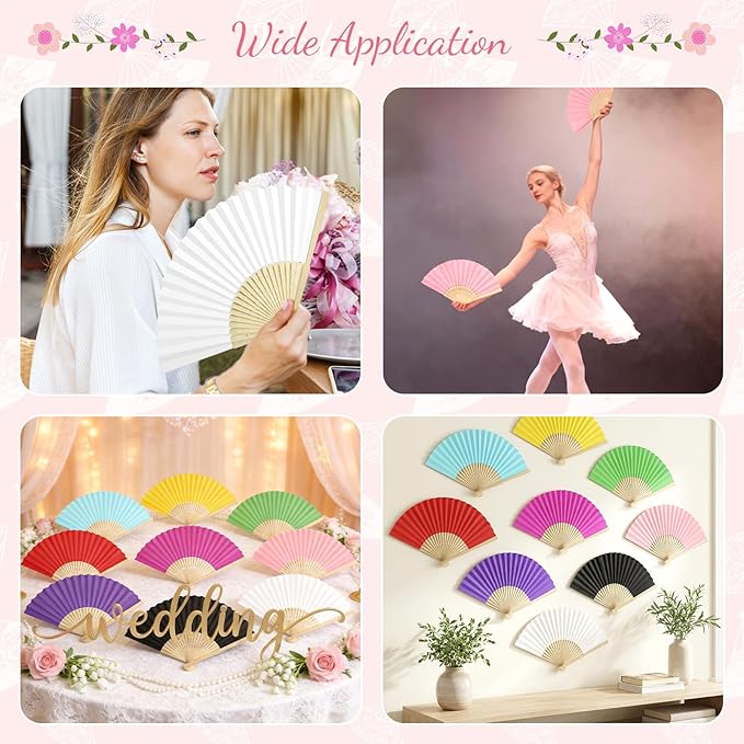 50 Pieces Paper Fans Paper Hand Fan Bamboo Folding Fan Handheld Fan Paper Folded Fan Paper Fan for Wedding Party and Home Decoration (Yellow)