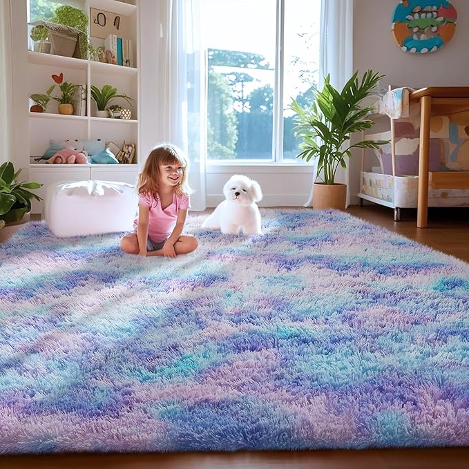 Ophanie Rainbow Purple Rug for Bedroom Girls, Kids Fluffy Kawaii Fuzzy Furry Shag Area Rug, Cute Plush Soft Shaggy Bedside Indoor Floor 4x6 Carpet for Teen Nursery Dorm Home Room Decor Aesthetic