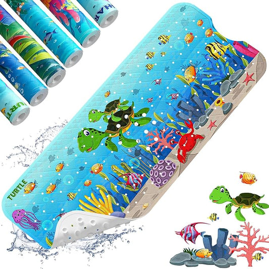 XIYUNTE Baby Bath Mat for Tub Non Slip Kids Bath Mat - 40''x16'' Extra Long Cartoon Bathtub Mat Non Slip Kids Shower Mat Eco-Friendly Toddler Bath Mats with Suction Cups, Machine Washable, Sea Turtle