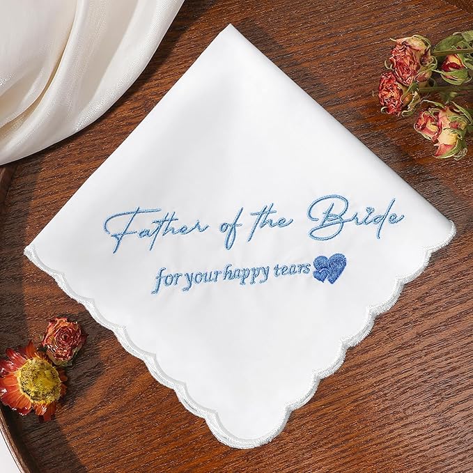 Wedding Handkerchief Something Blue for Bride, Mother Father of the Brides Groom Gifts, Embroidered Happy Tears Cotton Hanky