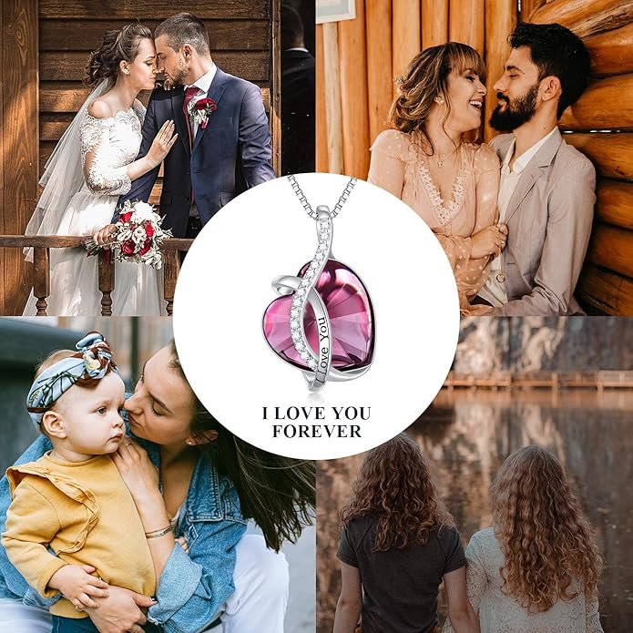 AOBOCO I Love You Sterling Silver 12 Birthstone Heart Pendant Necklace Embellished with Crystals from Austria, Mother's Day Anniversary Birthday Jewelry Christmas Gifts for Women Grandma Nana