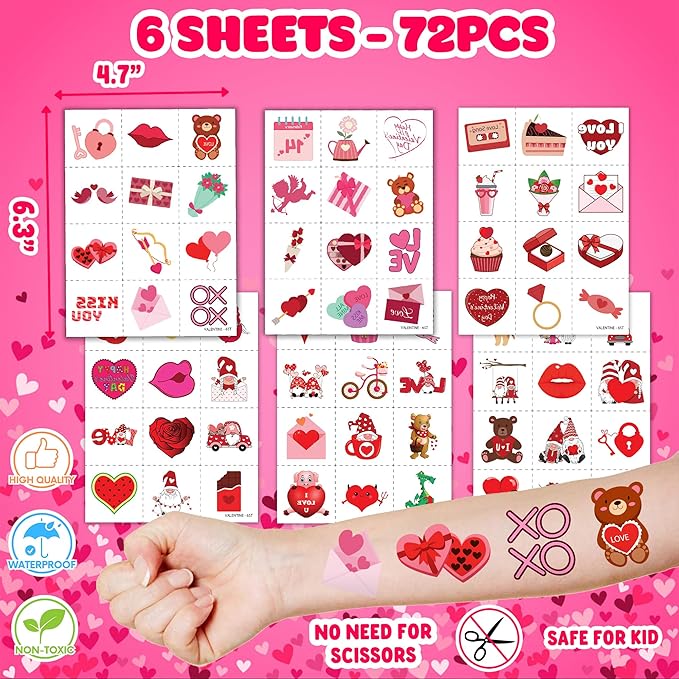 96PCS Valentine Party Favors - 72PCS Pre-Cut Temporary Tattoos & 24PCS Stamps - Ideal Love Heart Themed Birthday Card Decorations Supplies Goodie Bag Baby Shower Kids Gifts Exchange