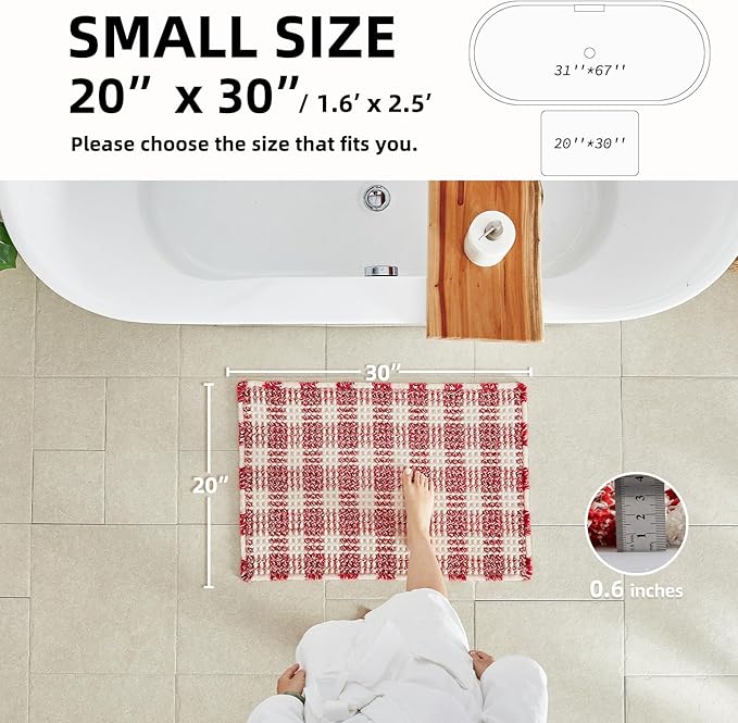 Waffle Bath Mat, Boho Christmas Bathroom Rugs Non Slip Washable Absorbent Checkered Bathroom Mat Quick Dry Cute Bath Mat, 30"x20" Red and White