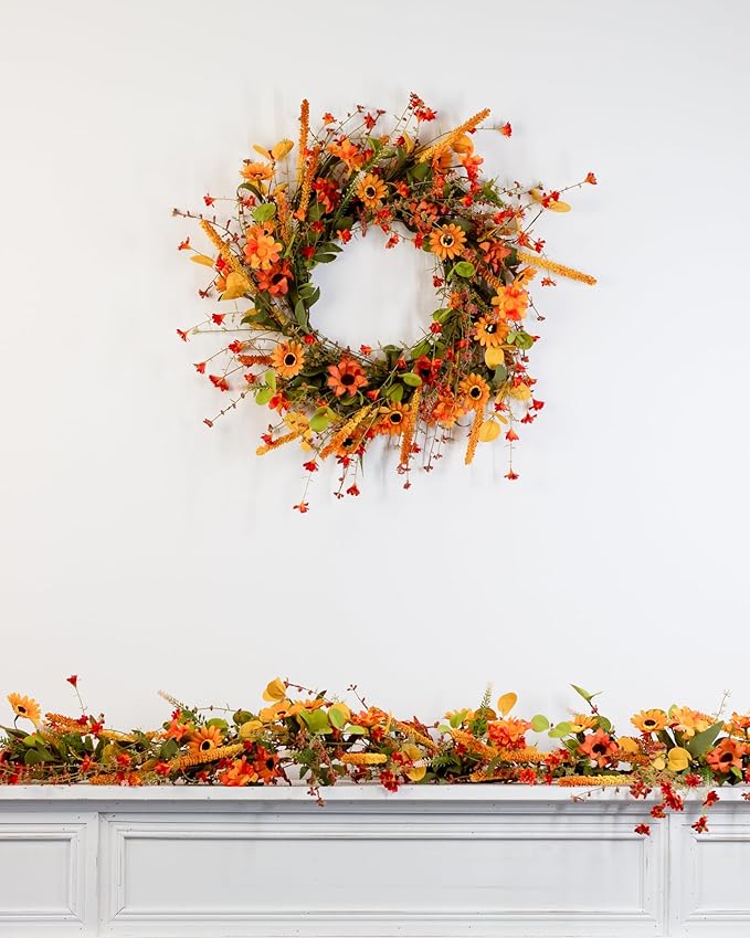 22" Fall Wreath for Front Door with Hanger Artificial Flowers Autumn Decor Berries Sunflowers Daisy Thanksgiving Decorations, Farmhouse Indoor/Outdoor