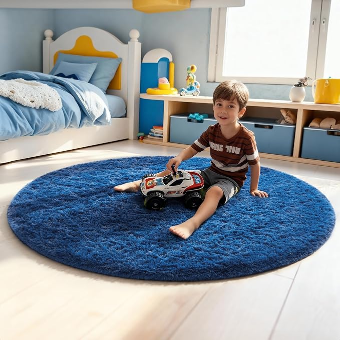 Ophanie Round Rug 5Ft Blue Circle Area Rug, Boys Room Decor, Fluffy Fuzzy Bedroom Carpet, Plush Soft Shaggy Living Room Rugs for Kids Home Decor Aesthetic, Nursery