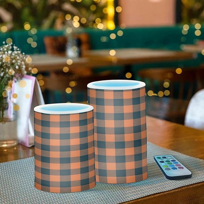 Halloween Black Orange Buffalo Plaid Check Flickering Flameless Candles Battery Operated with Remote Timer,Tea Light Candles LED Pillar Votive Candles Set of 2 for Outdoor Indoor Decorations