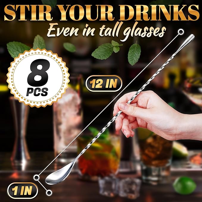 8 Pcs Long Bar Spoons – 12'' Stainless Steel Bar Stirring Spoon for Drinks, Polished Surface, Easy to Clean – Mixer Spoon for Cocktails, Coffee, Milkshakes, Smoothies | Professional and Home Use