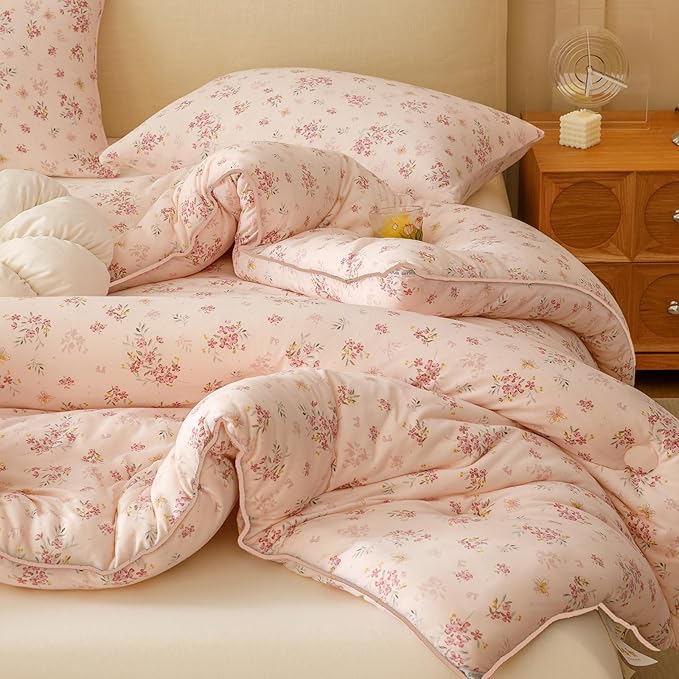 3PCS Comforter Set Queen Size, Ultra Soft Marshmallow Fluffy Comforter Bed Sets, Cute Bedding Set for Kids Girls Teen, Microfiber Lightweight All Seasons Bedroom (Pink Petals)