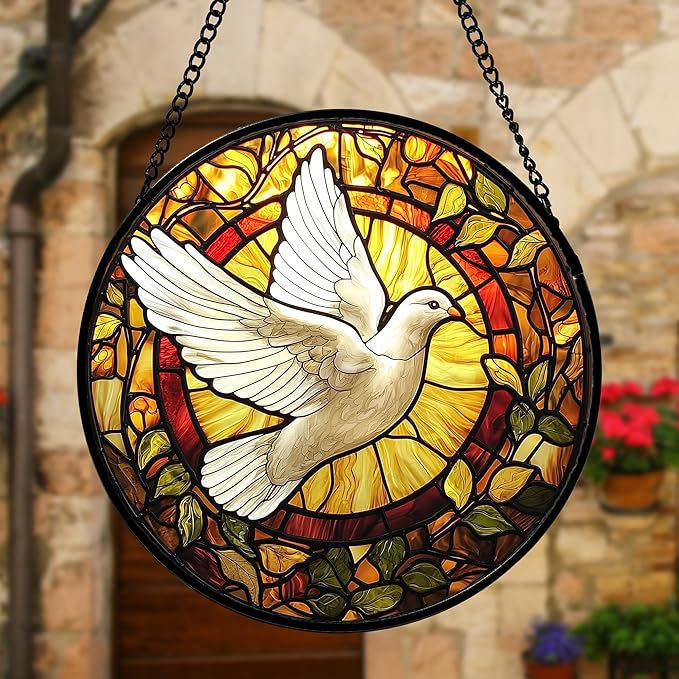 Stained Glass Window Hanging, Flying White Dove Sun Catchers Diamond Glass Panel Hangings Cute Birds Suncatcher Decor for Birthday for Women, Men, Wife, Aunt, and Mom 11.8 in