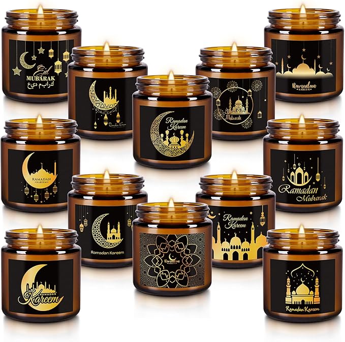 12pack Ramadan Scented Candles 3.5oz Soy Wax，Muslim Islamic Party Favors Gifts Glass Jar Candles for Home Happy Eid Festival Decor(Brown,Pattern)