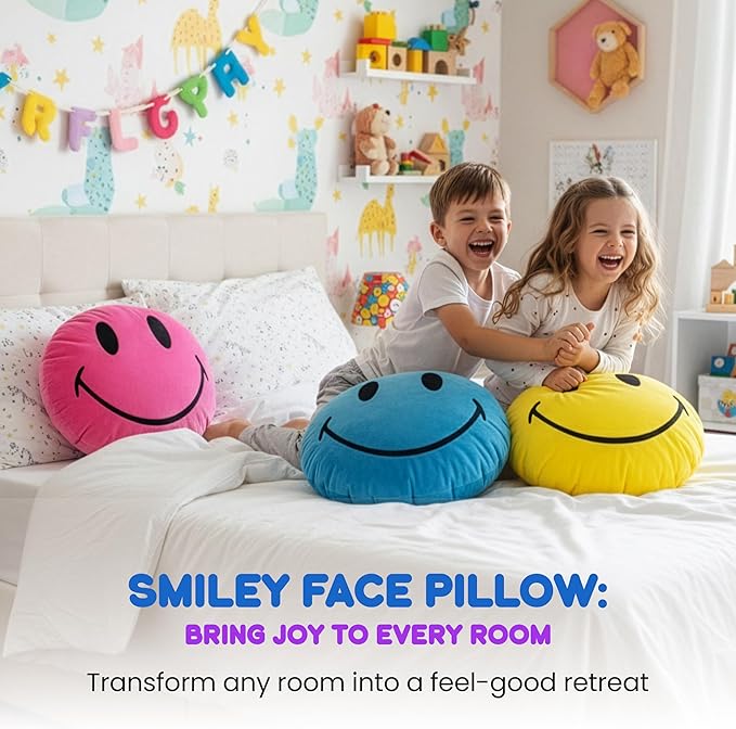 Smiley Face Pillow - Cute Plush for Fun Bedroom Decor - 16" X 16" Soft Cotton Cool Kids' Throw Pillows with Inserts Included - Birthday Gift - Room Decor Aesthetic for Bedroom. (Pink)