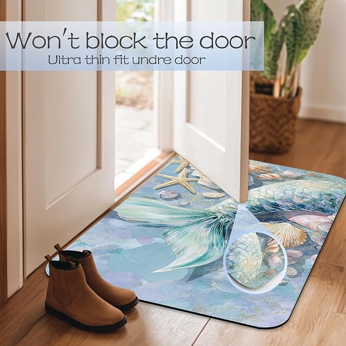 Bathroom Rug 29.5"x17",Mermaid Shell Bath Mat with Non-Slip Rubber Backing, Quick-Drying Absorbent Thin Floor Mat for Bathroom, Shower, Sink, or Kitchen