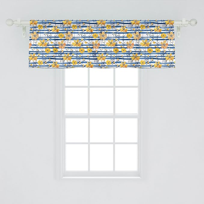 Ambesonne Floral Window Valance Pack of 2, Summer Inspired Expressionist Look Leafy Flower Garden with Stripes, Rod Pocket Curtain Valances for Kitchen Bedroom, 54" X 18", Mustard Cobalt Blue White