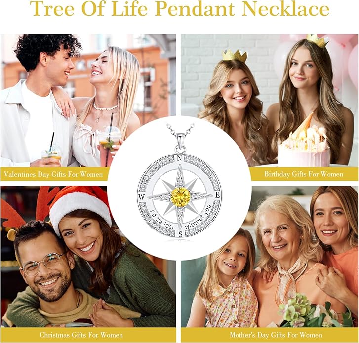 S925 Necklace Birthstone Compass Gift for Women Jewelry Sterling Silver Necklace for Wife Wedding Anniversary Girlfriend Birthday Gifts for Her Valentines Day Mom Mothers Day