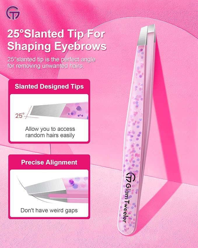 Expert Eyebrow Hair Removal Tweezer with Leather Case, GlamTweeler High Precision Slant Tip Stainless Steel Tweezers for Men and Women (Cherry Blossom Pink)