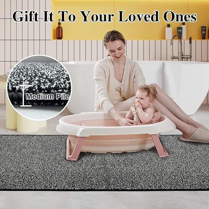HDFK Bathroom Rugs Runner | Non Slip Washable Bath Mats 60x24 Inches 2 Tone Plush Chenille Medium Pile Floor Mat | Ultra Absorbent Black and White Shower Rug | Long Transition for Wet Dry Zone