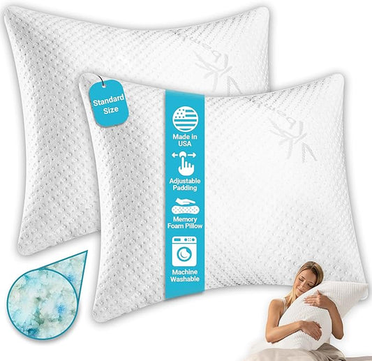 Xtreme Comforts Bed Pillows for Sleeping (2 Pack) | Adjustable Shredded Memory Foam Pillows with Removable Cooling Cover | Fluffy Pillows Support for Side, Back & Stomach Sleepers - Standard Size
