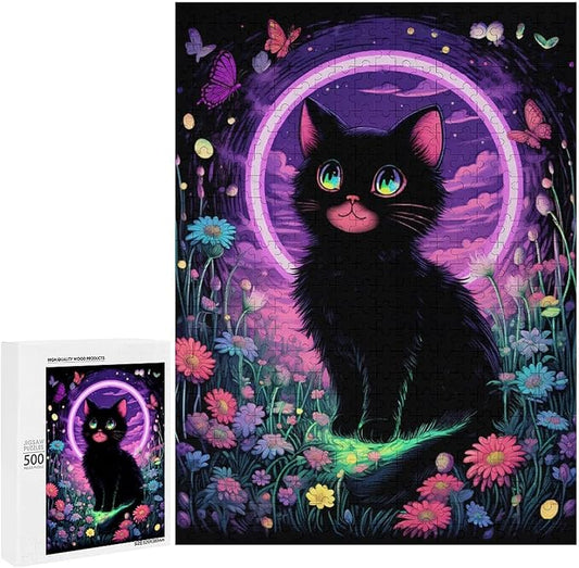 Jigsaw Puzzles for Adults 500 Piece - Black Cat Under The Moon Themed Wooden Puzzles，Educational Games，Family Puzzles，Unique Gifts for Wall Art ，Funny Puzzles，Stress Relief Games，Puzzle Games