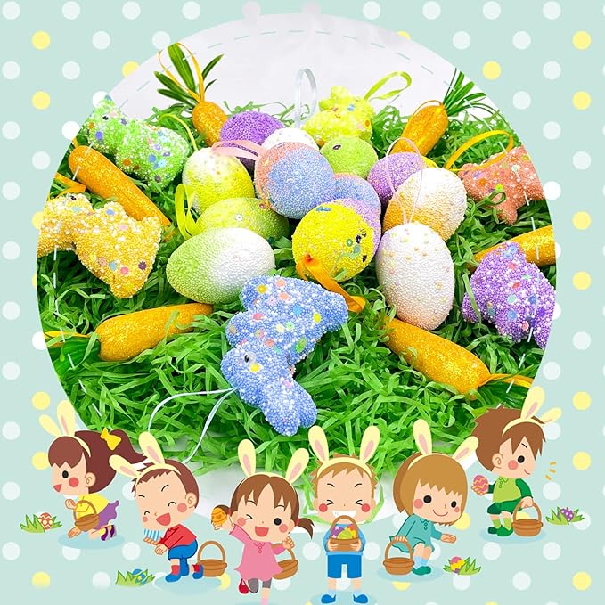 24 Pack Easter Egg Ornament Easter Colorful Rabbit Carrot Eggs Foam Easter Tree Decoration for Easter Spring Party