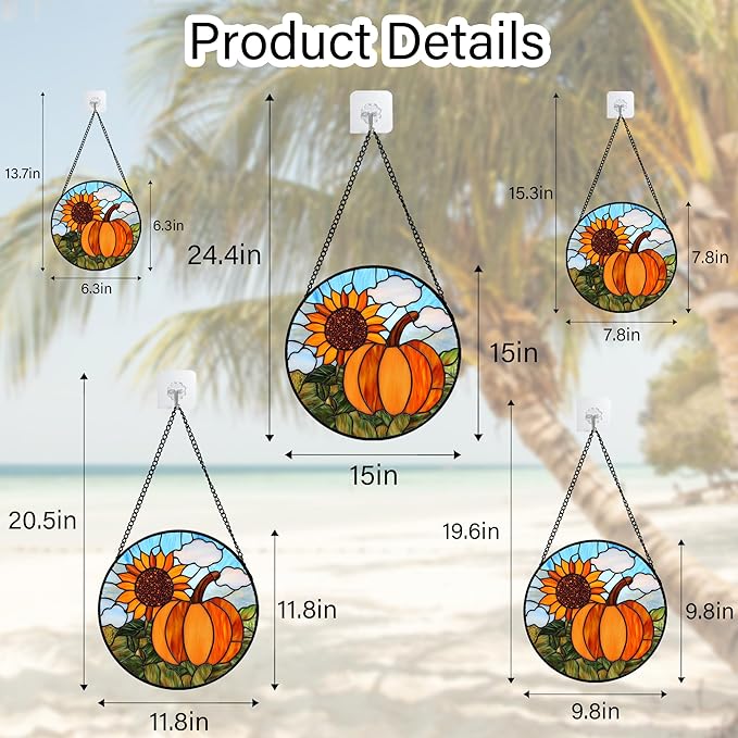 Stained Glass Window Hanging Fall Farm Scenery Sunflower Pumpkin 9.8" - Suncatcher Door Garden Kitchen Sunroom Sun Catcher Home Decor Birthday for Mom Grandma Men Woman