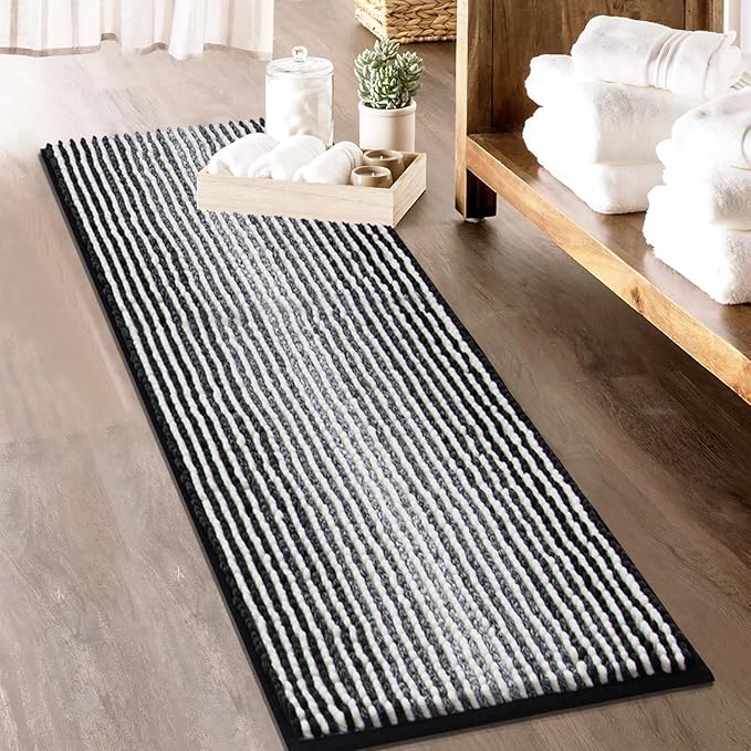 HDFK Bath Mat & Bathroom Rug - Extended Soft Chenille Shower Carpet, Super Absorbent Non-Slip with Hot Melt Adhesive Base, Washable Slim Fit Striped for Bathtub Floors (47x20 Inch, Black & White)