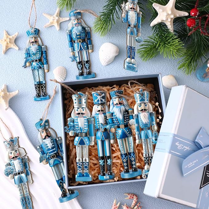 Yookeer 36 Pcs Beach Nutcracker Christmas Ornaments 5.11 Inch Blue Ocean Coastal Winner Wooden Ornaments with Rope Animals Nutcracker Christmas Decorations for Xmas Tree Home Wreath Party Decor