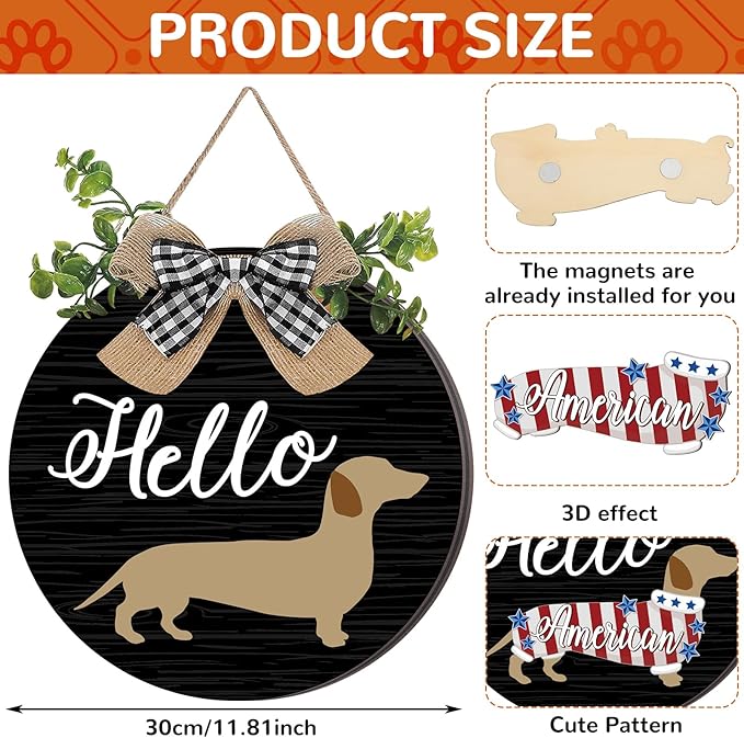 16 Pcs Interchangeable Dog Wooden Door Hanger Ornaments Rustic Dachshund Seasonal Home Sign Replaceable Hanging Vertical Welcome Sign Front Door Porch Decor for Wall Outdoor Xmas Fall Decor (Black)