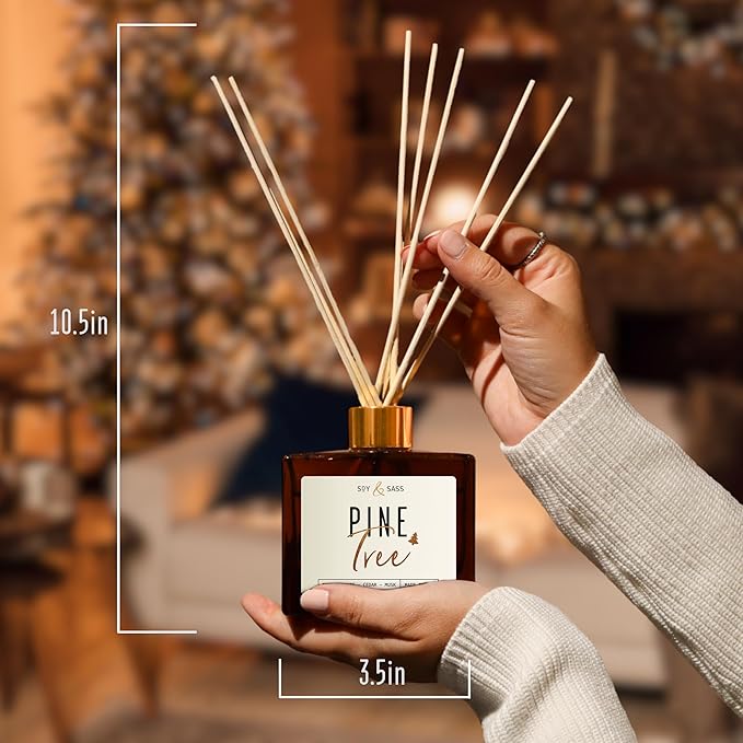 Pine Reed Diffuser, 'Pine Tree' - w/Balsam Fir, Cedar & Citrus I Infused w/Essential Oils I Christmas Diffuser Decor I 3.75 OZ Oil I Long-Lasting Scent Lasts 4-6 Month's I Made in The USA