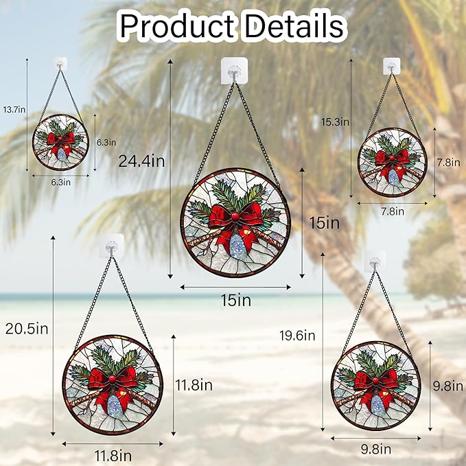 Stained Glass Window Hanging - Pine Branches Red Bow Suncatcher for Doors Home Christmas Decoration Silver Sun Catcher Thanksgiving New Year Birthday Gifts for Women Men Mom Nana 9.8 in