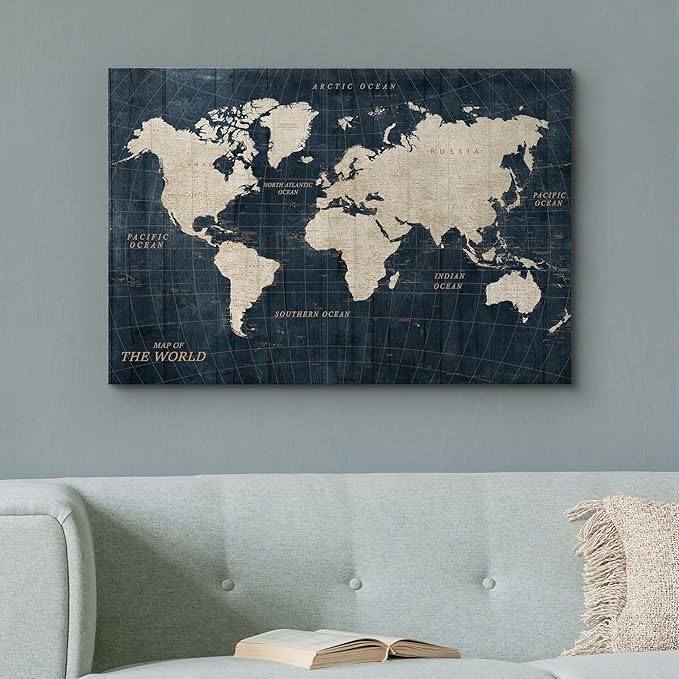 wall26 Canvas Print Wall Art Vintage Navy Blue World Map Classic World Atlas Digital Art Modern Art Traditional Colorful for Living Room, Bedroom, Office - 12"x18"