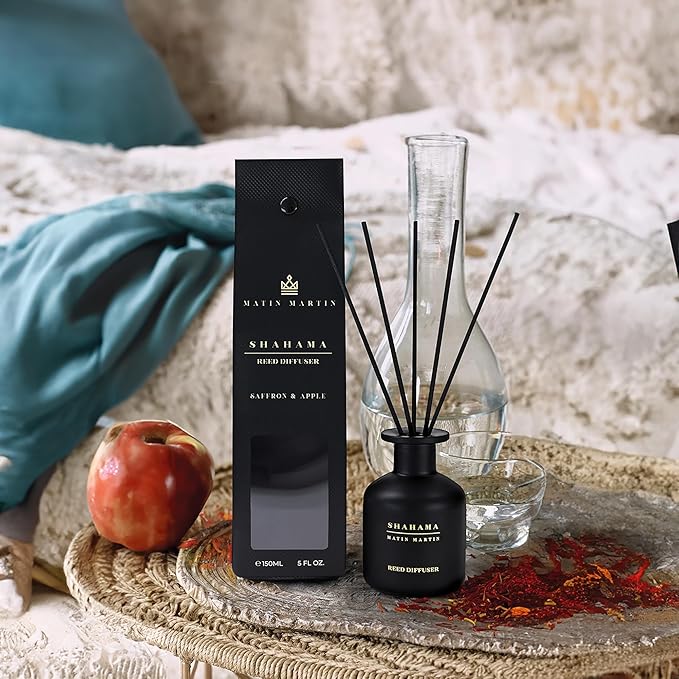 Matin Martin Shahama Reed Diffuser 5 oz - Luxury Aromatherapy with Saffron & Apple - Home Decor Gift for Bedroom, Office, Living Room, and Bathroom - Long Lasting Scent with Premium Fragrance Sticks