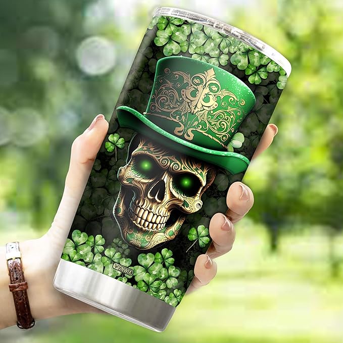 Personalized Skull Leprechaun Shamrock St Patricks Tumbler Coffee Cup Water Bottle Gift for Men Women Him Her 20oz Stainless Steel Insulated Travel Mug with Lid