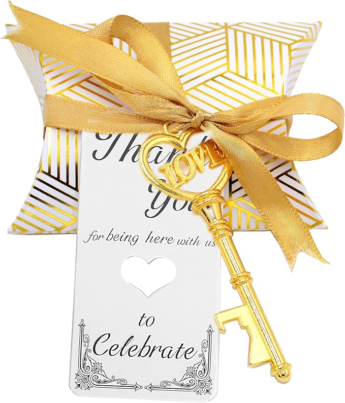 Aokbean 50 pcs Vintage Skeleton LOVE Key Bottle Openers Pillow Candy Box Escort Thank You Tag French Ribbon Wedding Souvenir Gift for Guest (Gold)