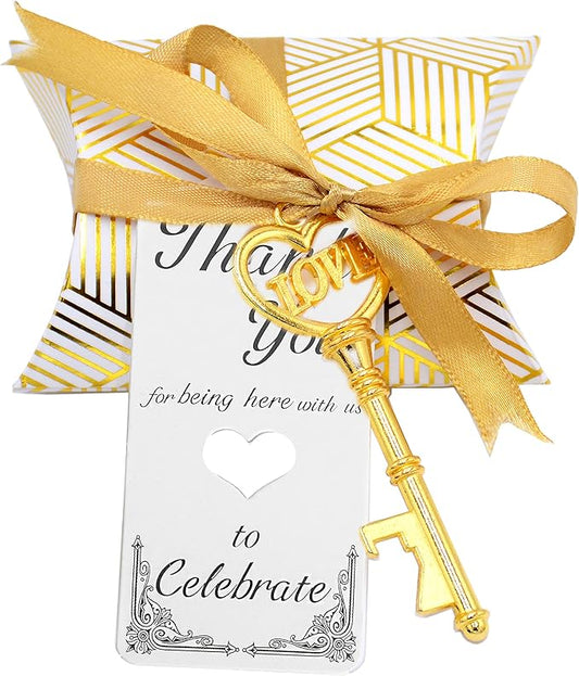 Aokbean 50 pcs Vintage Skeleton LOVE Key Bottle Openers Pillow Candy Box Escort Thank You Tag French Ribbon Wedding Souvenir Gift for Guest (Gold)