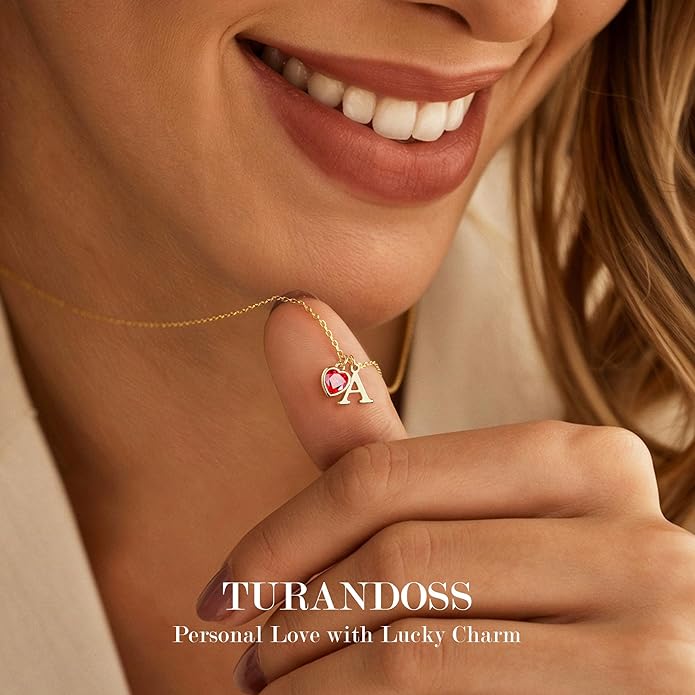 Turandoss Valentines Day Gifts for Her Trendy, Dainty 14K Gold Plated Initial A-Z Heart Birthstone Pendant Necklace Personalized Bridesmaid Birthday Valentines Jewelry Gifts for Women Girls