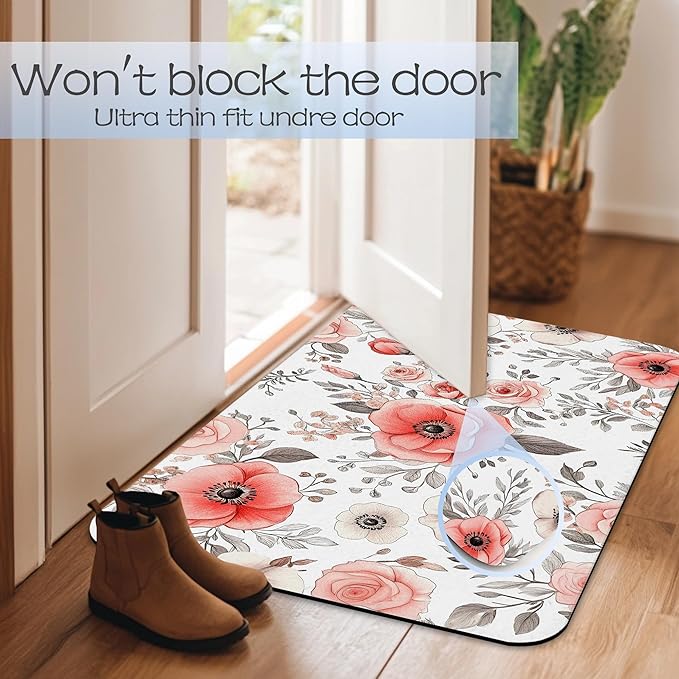 Vintage Poppy Flowers Bathroom Rug 29.5"x17", Super Absorbent Fast Drying Bath Mat with Non-Slip Rubber Backing, Thin Low-Profile Easy-Clean Bathroom Floor Mat for Shower or Tub