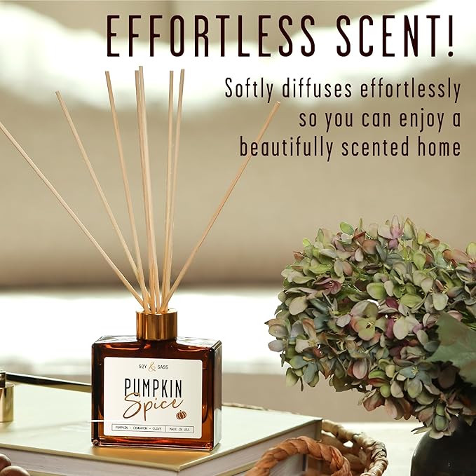 Pumpkin Spice Reed Diffuser, Fall Reed Diffuser Set - Infused w/Essential Oils I Pumpkin Diffuser I Stick Oil Reed Diffusers for Home, 5.75 OZ, Scent Lasts 4-6 Month's, Made in The USA