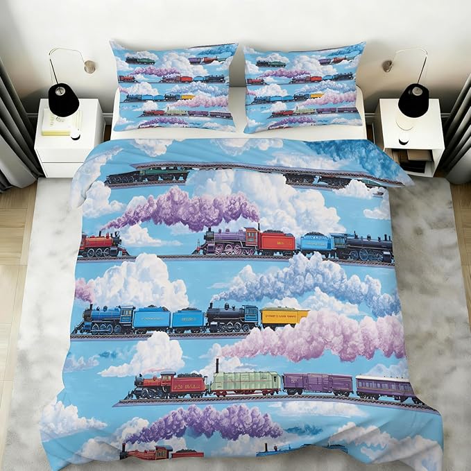 Vintage Steam Train Duvet Cover California King Colorful Cartoon Train Bedding Set Cloud Railway Comforter Set Railway-Themed Duvet Cover with Zipper Ties for Bedroom