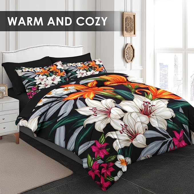 Comforter Set Queen Size, Tropical Leaves Flower 7 Pcs Bedding for Kids and Adults, Floral Hawaii Hibiscus Bed Sheet Sets with Fitted Sheet 2 Pillowcases & 2 Shams for Bedroom Bed Decor