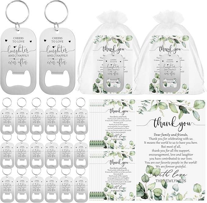 100 Sets Wedding Gifts for Guests Cheers to Love Laughter and Happily Ever After Opener Beer Opener Keychain Bottle Opener Keychain Thank You Card Organza Bags Bridal Shower Souvenirs